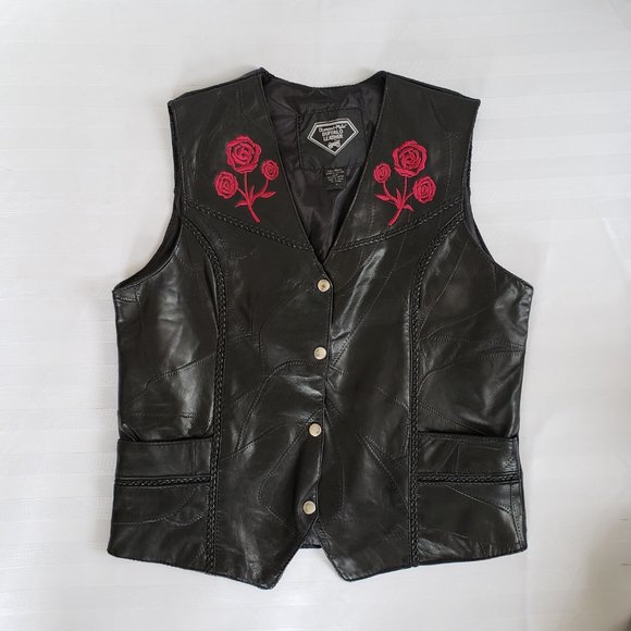 Diamond-Plate Jackets & Blazers - Black Genuine leather with deep pink roses embroidered moto vest.